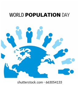 Vector illustration,banner or poster of world population day. Globe circled with people. Blue Globe. White Background.