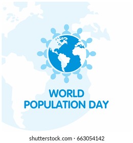 Vector illustration,banner or poster of world population day. People circled around blue Globe. White Background.