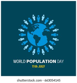 Vector illustration,banner or poster of world population day. Globe circled by people. Blue Background