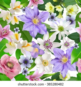 Vector illustration.Beautiful background of spring plants, handmade, seamless pattern. All elements are not cropped and hidden under mask