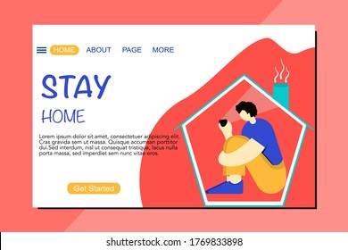 Vector illustration.benner template design website stay at home.a man playing phone shopping online.