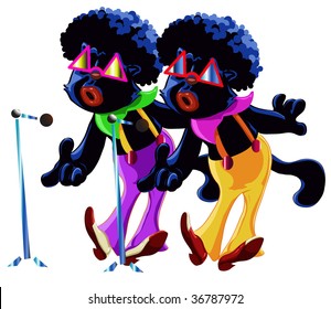 vector illustration,black cats singing blues in duet, cartoon concept, white background