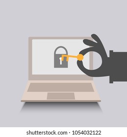 Vector illustration.Black hacker`s hand holding a key to crack the laptop system.Concept of security of personal information.