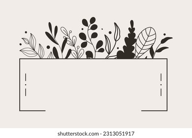 Ilustración vectorial.Borde de marco florístico dibujado a mano negra con flores delgadas Ilustración vectorial decorativa. Elemento de diseño floral. Florienta. Flores. Salón De Belleza. Tienda De Flores. Belleza .Eps 10.