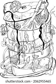 vector illustration,black liner,freehand drawing,soup Borsch ingredients,saucepan,vegetables,steam,spray