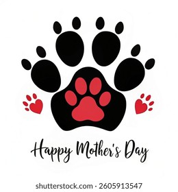 Vector illustration.Black paw print with hearts.  Happy Mother`s Day background. Happy Mother`s Day greeting card background.
isolated on white background.