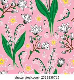 Ilustración vectorial.Flores magnolianas negras y blancas, flores de lirio del valle y flores de plumeria sin fisuras repiten el patrón sobre fondo rosa pastel. Lo mejor para los niños es la decoración del vivero y el mobiliario del hogar.