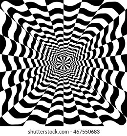 Vector Illustration.Black and White Wavy Spirals Expanding from the Center. Optical Illusion of Perspective and Volume. Suitable for textile, fabric, packaging and web design.