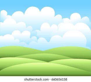 Vector illustration.Bright nature landscape with sky, hills and grass. Rural scenery. Field and meadow.