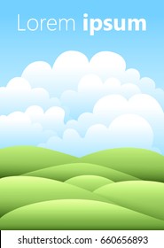 Vector illustration.Bright nature landscape with sky, hills and grass. Rural scenery. Field and meadow.