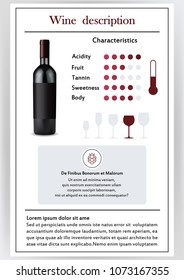 Vector illustration.Brochure,form describing the characteristics of red wine.Feed temperature,brief description,history of origin, tableware glass for serving,taste criteria.Tannins,acidity,fortress.
