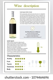 Vector illustration.Brochure,form describing characteristics of white wine.Feed temperature,brief description,history of origin, tableware glass for serving,taste criteria.Tannins,acidity,fortress.