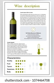 Vector illustration.Brochure,form describing characteristics of white wine.Feed temperature,brief description,history of origin, tableware glass for serving,taste criteria.Tannins,acidity,fortress.