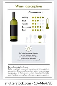 Vector illustration.Brochure,form describing characteristics of white wine.Feed temperature,brief description,history of origin, tableware glass for serving,taste criteria.Tannins,acidity,fortress.