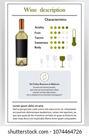 Vector illustration.Brochure,form describing characteristics of white wine.Feed temperature,brief description,history of origin, tableware glass for serving,taste criteria.Tannins,acidity,fortress.