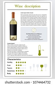 Vector illustration.Brochure,form describing characteristics of white wine.Feed temperature,brief description,history of origin, tableware glass for serving,taste criteria.Tannins,acidity,fortress.