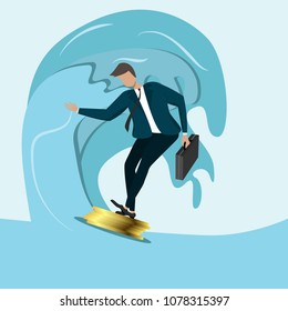 Vector illustration.Businessman suring on pile of coins.Concept of keeping heads above water.