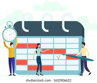 Vector illustration.Businessmen use a calendar and clock to plan their work.Business planning concept for event scheduling.