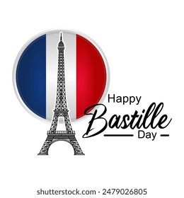 Vector Illustration,card,banner or poster for French National Day, 14 July. Happy Bastille Day Celebration, with French Flag and Eiffel Tower in Flat Cartoon for Landing Page Templates. eps