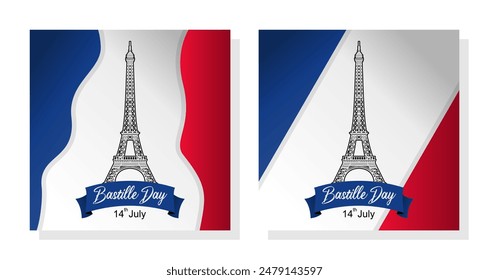 Vector Illustration,card,banner or poster for French National Day, 14 July. Happy Bastille Day Celebration, with French Flag and Eiffel Tower in Flat Cartoon for Landing Page Templates. eps