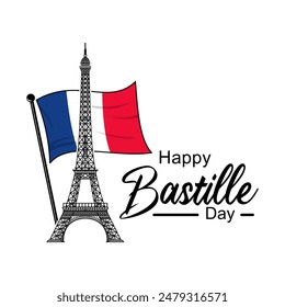 Vector Illustration,card,banner or poster for French National Day, 14 July. Happy Bastille Day Celebration, with French Flag and Eiffel Tower in Flat Cartoon for Landing Page Templates. eps