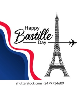 Vector Illustration,card,banner or poster for French National Day, 14 July. Happy Bastille Day Celebration, with French Flag and Eiffel Tower in Flat Cartoon for Landing Page Templates. eps