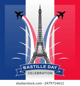 Vector Illustration,card,banner or poster for French National Day, 14 July. Happy Bastille Day Celebration, with French Flag and Eiffel Tower in Flat Cartoon for Landing Page Templates. eps