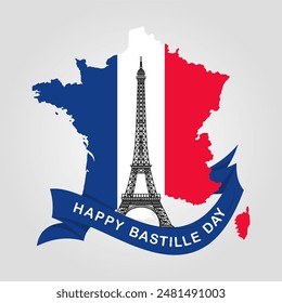 Vector Illustration,card,banner or poster for French National Day, 14 July. Happy Bastille Day Celebration, with French Flag and Eiffel Tower in Flat Cartoon for Landing Page Templates. eps