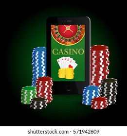 Vector illustration,cards, roulette and chips. Online mobile casino background. Poker app online.