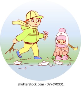 Vector illustration.Children playing in the paper boats. Boy gives a girl flowers. Illustration of the blue round background. Breast badge.