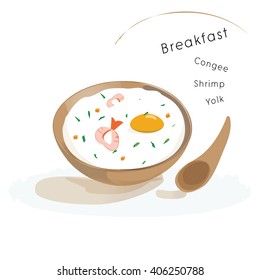 Vector illustration.Chinese porridge rice. Congee shrimp with yolk in wood bowl.