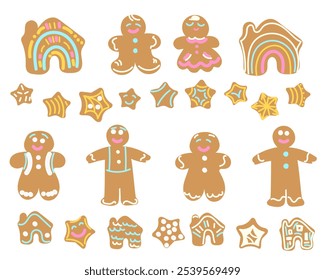Vector illustration.Christmas gingerbread cookies decorated with colored ,gleze. In the shape of a Christmas gingerbread houses, a star, a gingerbread man with a cane, stars on a White background