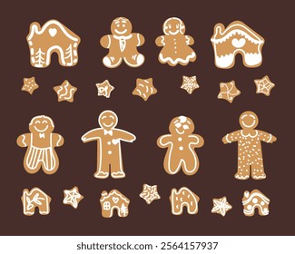 Vector illustration.Christmas gingerbread cookies decorated with colored sugar,gleze. In the shape of a Christmas gingerbread houses, a star, snowflakes, a gingerbread man with a cane, stars 