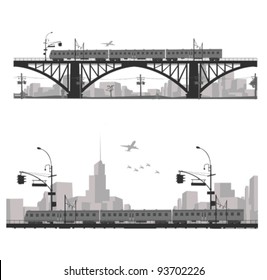 Vector illustration.City scape silhouette. Train on a bridge .