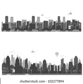 Vector illustration.City skyline and urban traffic