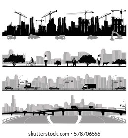 Vector Illustration.City Skyline.Construction ,park And Highway Silhouette