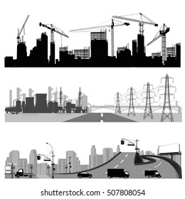 Vector illustration.City skyline.Construction,energy distribution and highway silhouette
