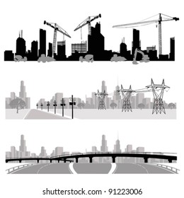 Vector illustration.City skyline.Construction,energy distribution and highway silhouette