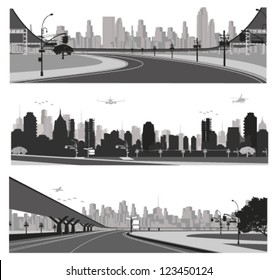 Vector illustration.City traffic.Bridge highway and skyline  silhouette