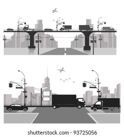 Vector illustration.City traffic.Bridge silhouette