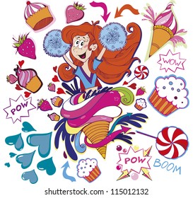 Vector illustration/clip-art set. Funny Cheer Girl.