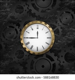 Vector illustration.Clock with white dial and glass on the background of mechanical gears