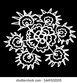 Vector illustration.Close-up hand-drawn plant, abstract flower on isolated black background.Design for covers, tattoo, wallpaper.
