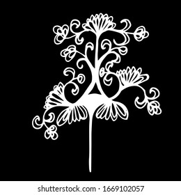 Vector illustration.Close-up hand-drawn plant, abstract flower on isolated black background.Design for covers, tattoo, wallpaper.