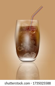 vector illustration,Cola beverage and ice in a clear glass