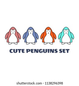 Vector illustration.Collection of cartoon colourful penguins isolated on white background.Cute Baby Penguins.Design.