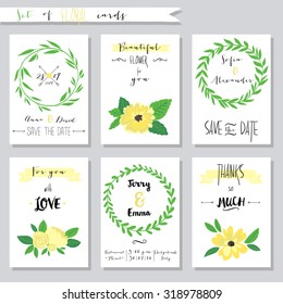 Vector illustration.Collection of cute card templates with flowers. Wedding, marriage, save the date, baby shower, bridal, birthday, Valentines day, Mothers day. Stylish simple design. 
