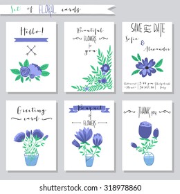 Vector illustration.Collection of cute card templates with flowers. Wedding, marriage, save the date, baby shower, bridal, birthday, Valentines day, Mothers day. Stylish simple design.