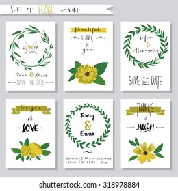 Vector illustration.Collection of cute card templates with flowers. Wedding, marriage, save the date, baby shower, bridal, birthday, Valentines day, Mothers day. Stylish simple design. 
