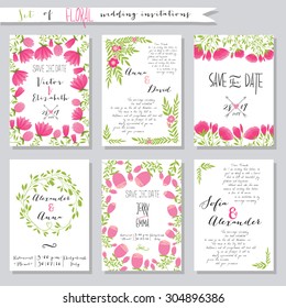 Vector illustration.Collection of wedding invitation templates with pink flowers. Wedding, marriage, save the date. Stylish simple design. 